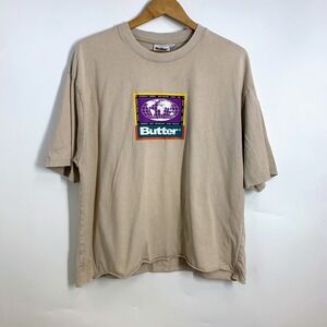 Butter Goods Women's Graphic T-Shirt Tan Globe Logo Short‎ Sleeve Raw Hem Size L